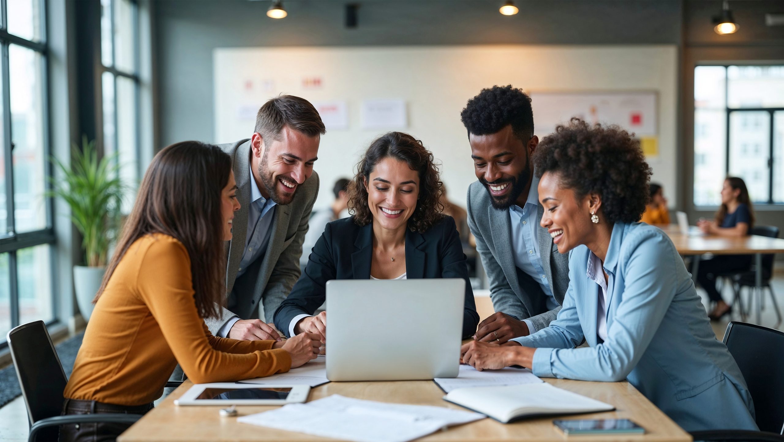 group of cheerful multiethnic businesspeople smiling while collaborating on project, coworkers gathering around businesswoman working on laptop in spacious office, showcasing teamwork and success