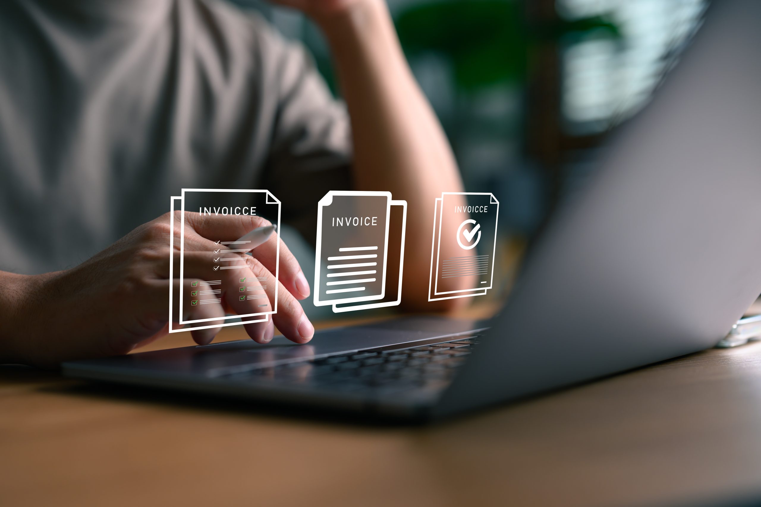 professional reviewing digital invoices for payment processing in procurement workflow, focusing on verification, financial accuracy, and seamless digital transaction.