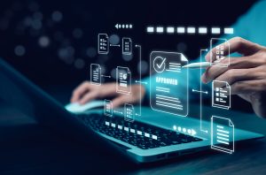 businessman touching on document for online approve paperless quality assurance and erp management concept.e document management, online documentation database, paperless office concept