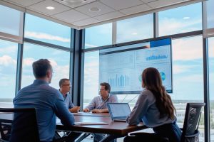 team of financial advisors collaborating in a conference room with large windows, reviewing documents and charts on a digital screen.