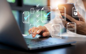 document management concept, check electronic documents on digital documents on virtual screen document management system and process automation to efficiently document paperless operate
