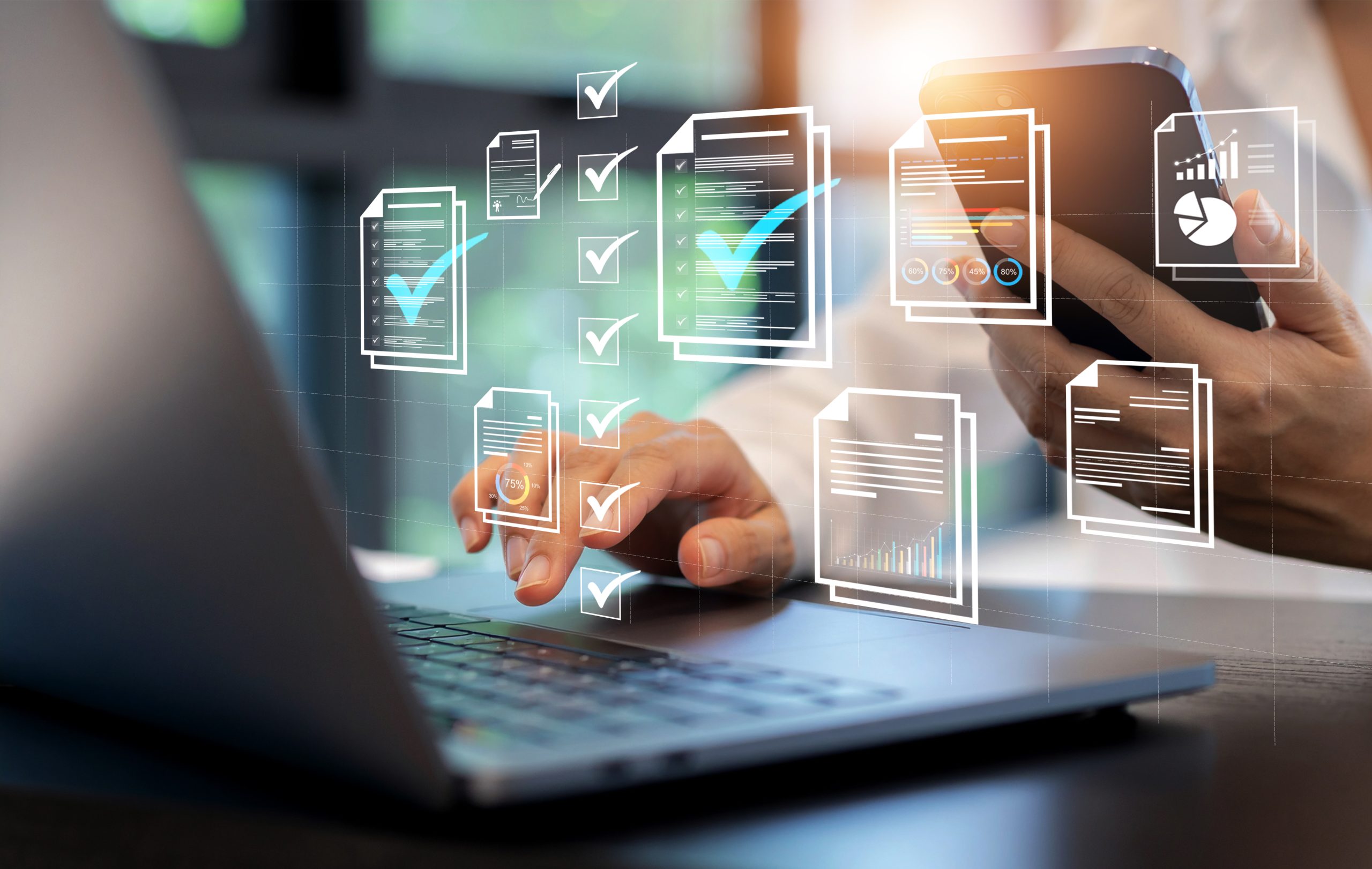 document management concept, check electronic documents on digital documents on virtual screen document management system and process automation to efficiently document paperless operate