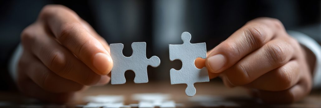 joint venture, partnership, mergers and acquisition concept, businessman hand connecting puzzle pieces, copy space