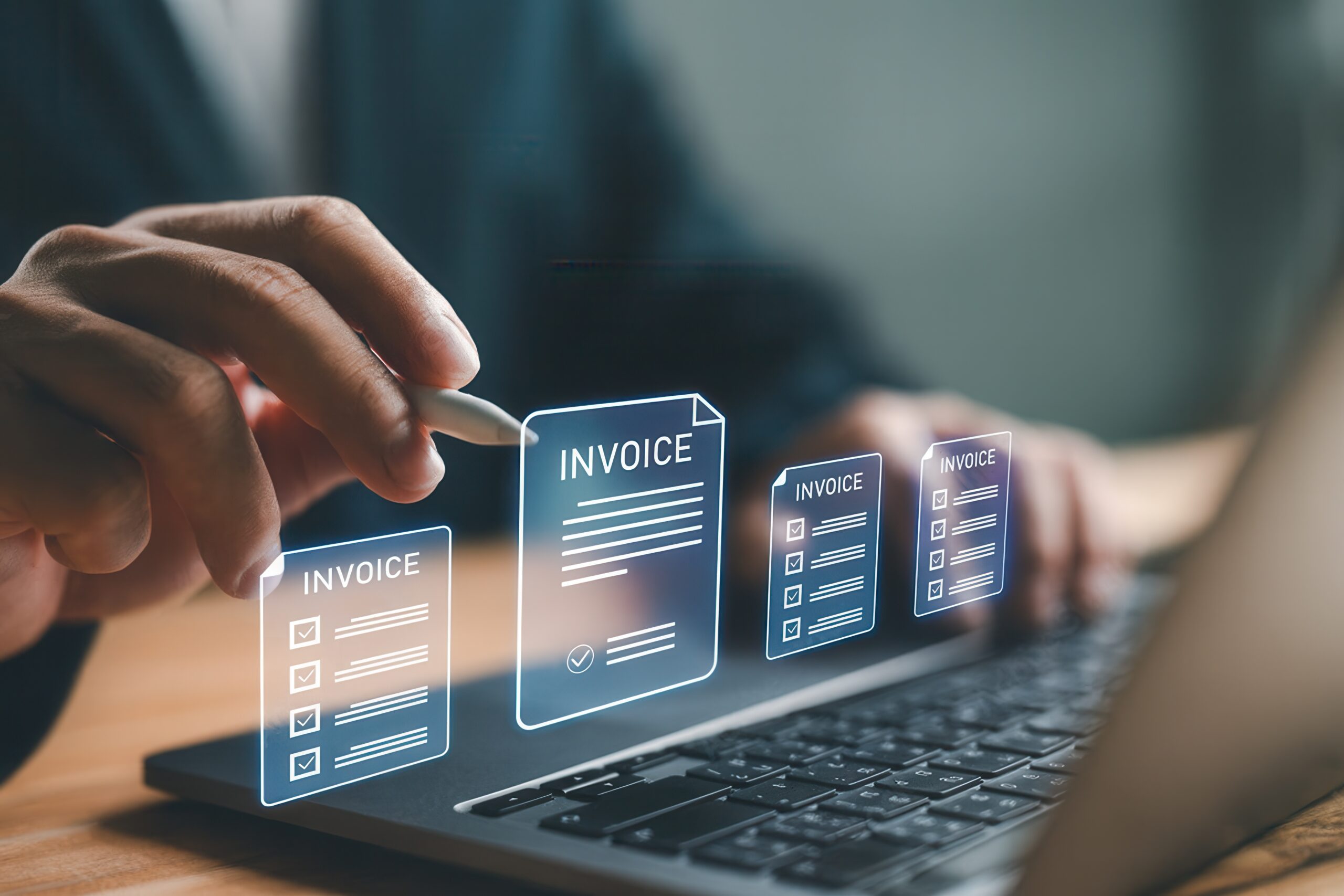 digital invoice management on laptop screen,streamlined billing workflow concept with virtual document interface