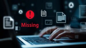 hand of a man typing on laptop with floating word " missing" , idea for computer error or warning missing files or resources