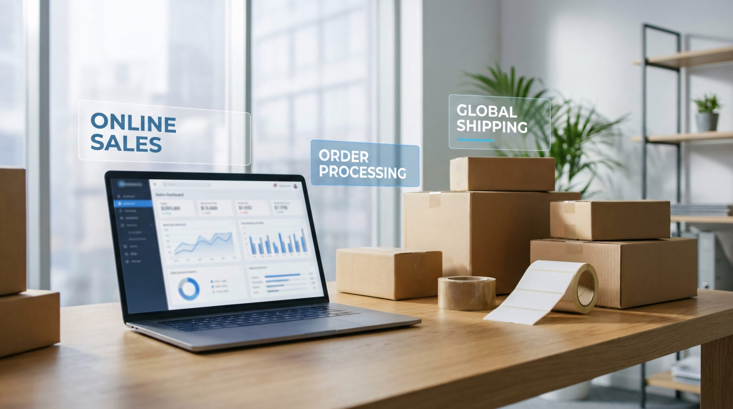 modern laptop displaying online sales analytics next to stacked cardboard shipping boxes, illustrating e commerce order processing and global shipping logistics in a bright office environment.