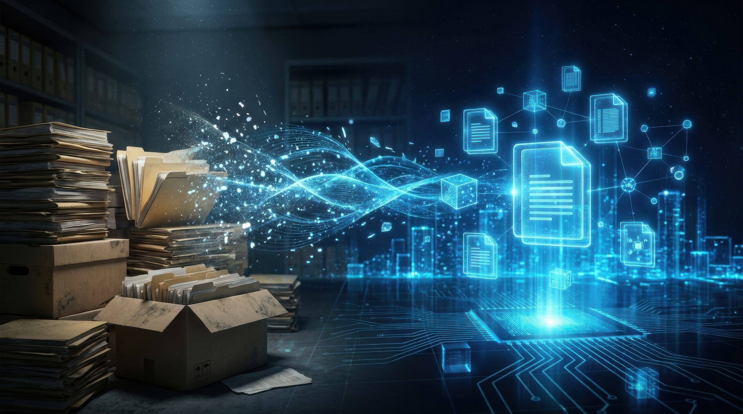 digital transformation of archives: a conceptual image illustrating the transition from physical paper archives to a digitized, data driven future.