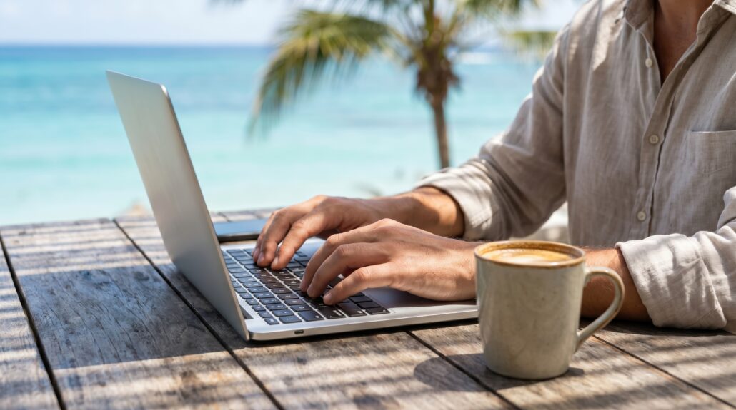 digital nomad man working on laptop at beach cafe table with coffee, remote work lifestyle concept, freelance professional typing on computer outdoors