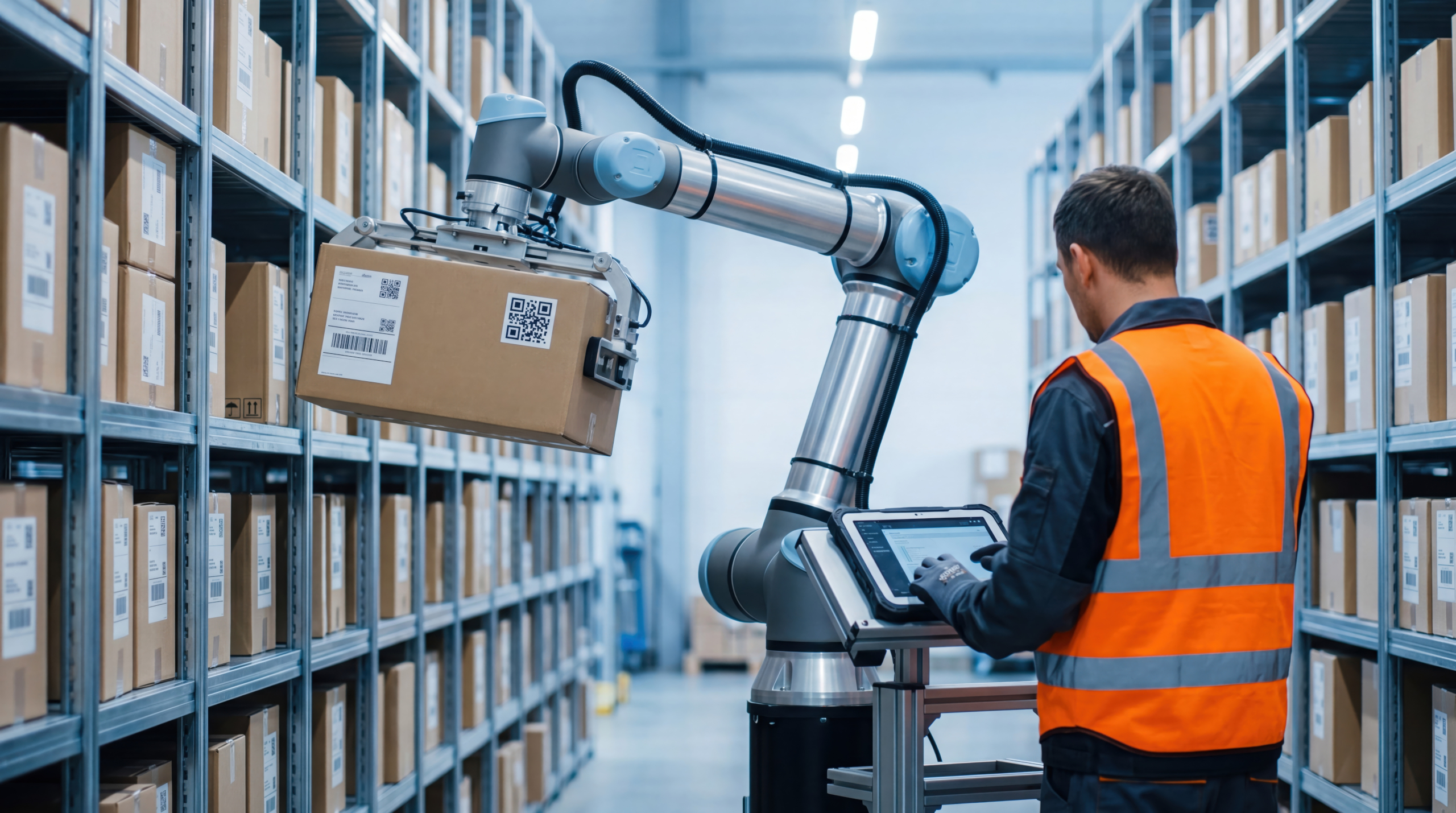 worker controlling robotic arm in automated warehouse, picking cardboard box from shelf, logistics and supply chain automation concept with industrial machinery and inventory.